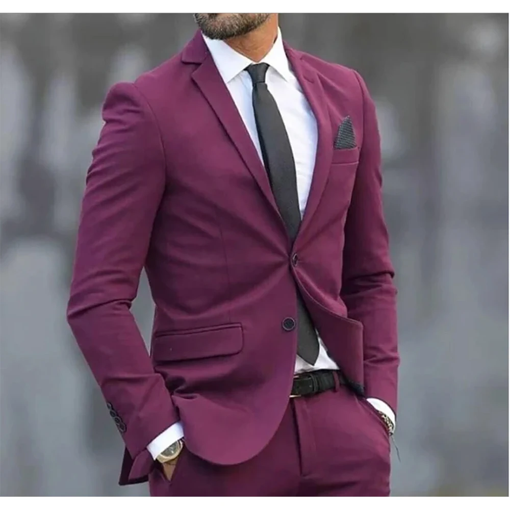 Пурпурно-красный Мужские костюмы Slim Fit Formal Occasion Куртка из 2 шт. Брюки Зубчатый лацкан Повседневный бизнес Полный комплект ropa hombre 2024 - 0