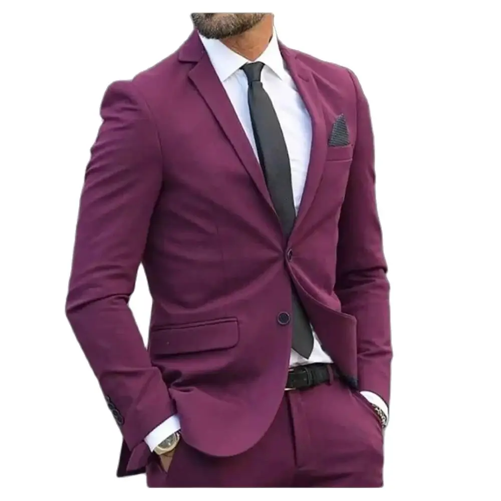 Пурпурно-красный Мужские костюмы Slim Fit Formal Occasion Куртка из 2 шт. Брюки Зубчатый лацкан Повседневный бизнес Полный комплект ropa hombre 2024 - 1