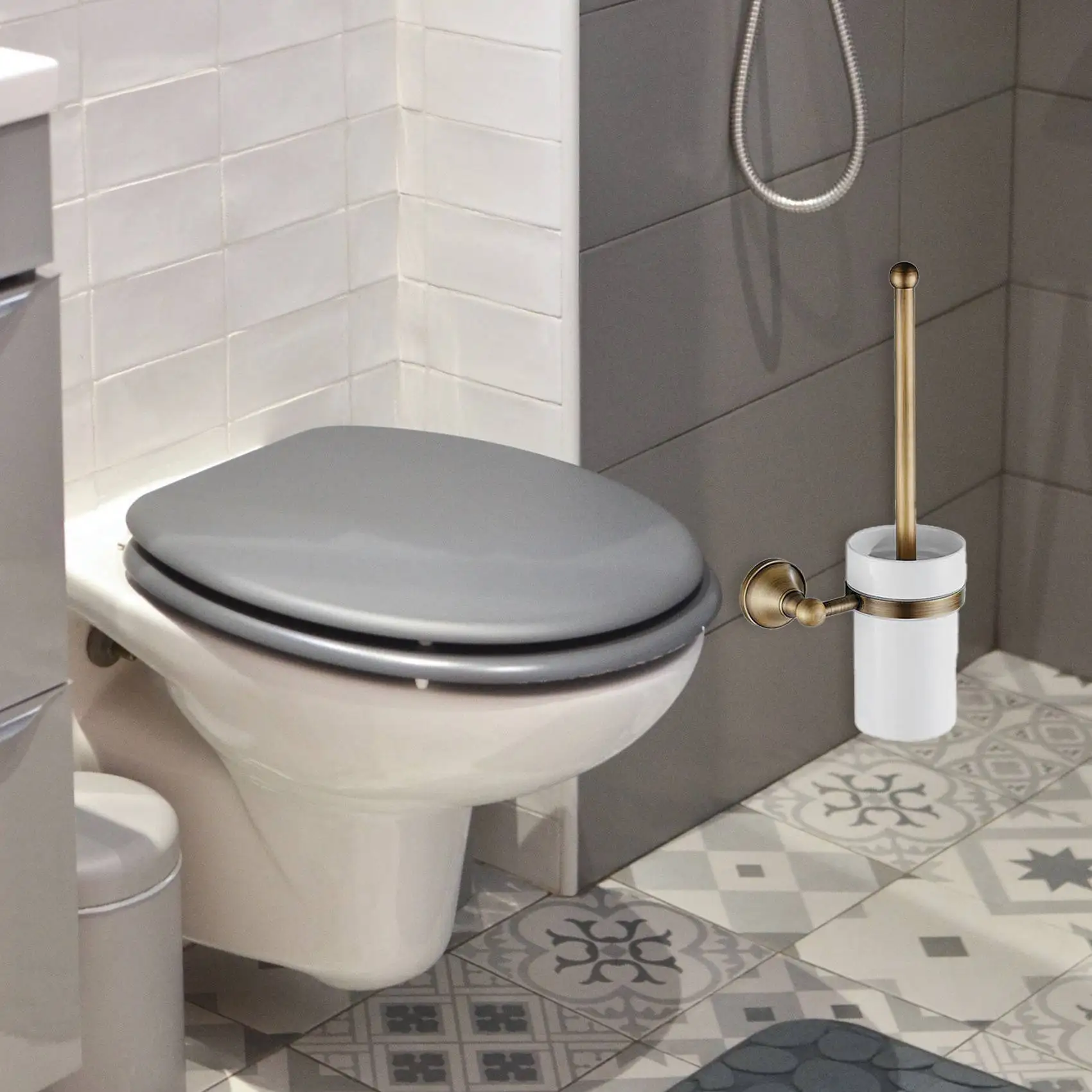  Антикварная латунь Набор туалетных щеток для ванной комнаты Держатель щетки с керамической чашкой - 2