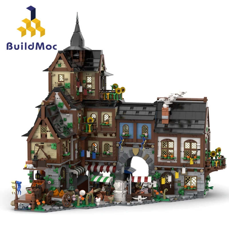 BuildMoc Европейский средневековый центр города Строительные блоки Набор ретро рынок Замок Игровой дом Кирпичи Игрушки для детей Подарок на день рождения - 0