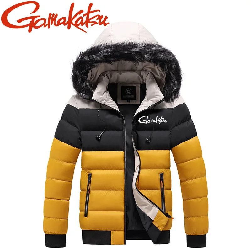 Brand 2024 Новое пальто с капюшоном Color Block для мужского костюма для рыбалки осень/зима Новый тренд Утолщенный шерстяной воротник Мода Хлопковое пальто - 0
