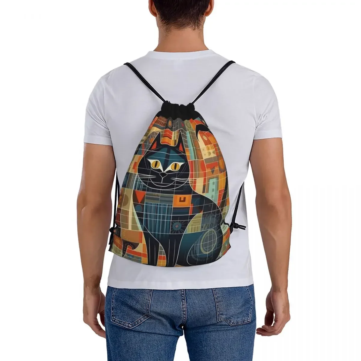A Квадратные рюкзаки для кошек Повседневные портативные сумки на шнурке Набор на шнурке Карманная спортивная сумка BookBag Для студентов-путешественников - 5