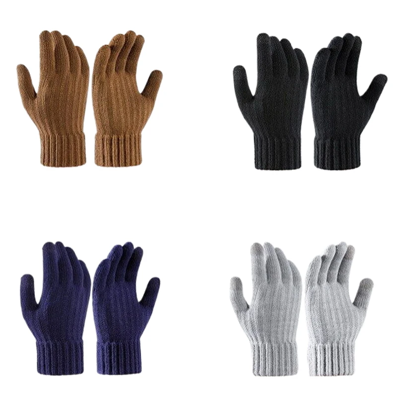 1 пара однотонных зимних мужских перчаток теплые сенсорный экран вязаные толстые противоскользящие перчатки спортивные перчатки теплые плюс флисовые трикотажные перчатки - 0