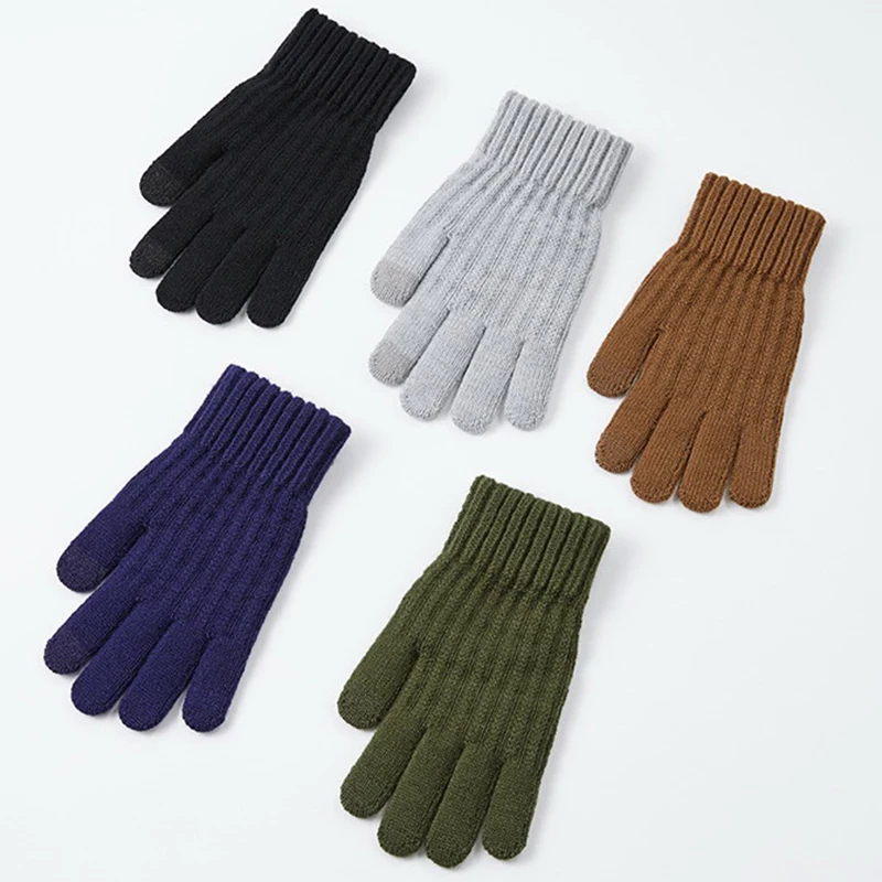 1 пара однотонных зимних мужских перчаток теплые сенсорный экран вязаные толстые противоскользящие перчатки спортивные перчатки теплые плюс флисовые трикотажные перчатки - 1