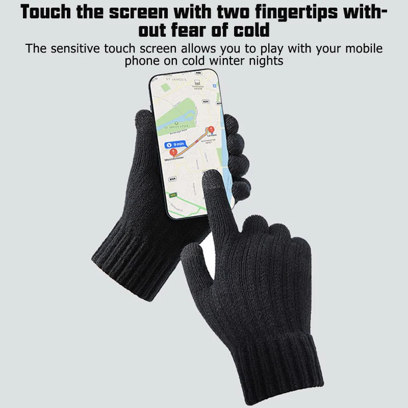 1 пара однотонных зимних мужских перчаток теплые сенсорный экран вязаные толстые противоскользящие перчатки спортивные перчатки теплые плюс флисовые трикотажные перчатки - 4