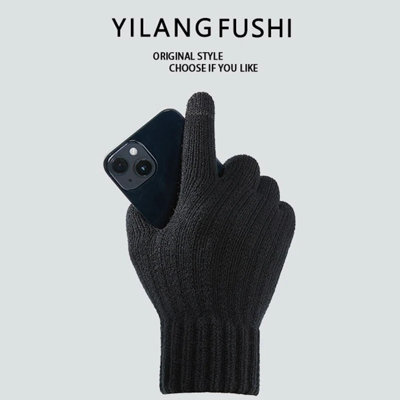1 пара однотонных зимних мужских перчаток теплые сенсорный экран вязаные толстые противоскользящие перчатки спортивные перчатки теплые плюс флисовые трикотажные перчатки - 5