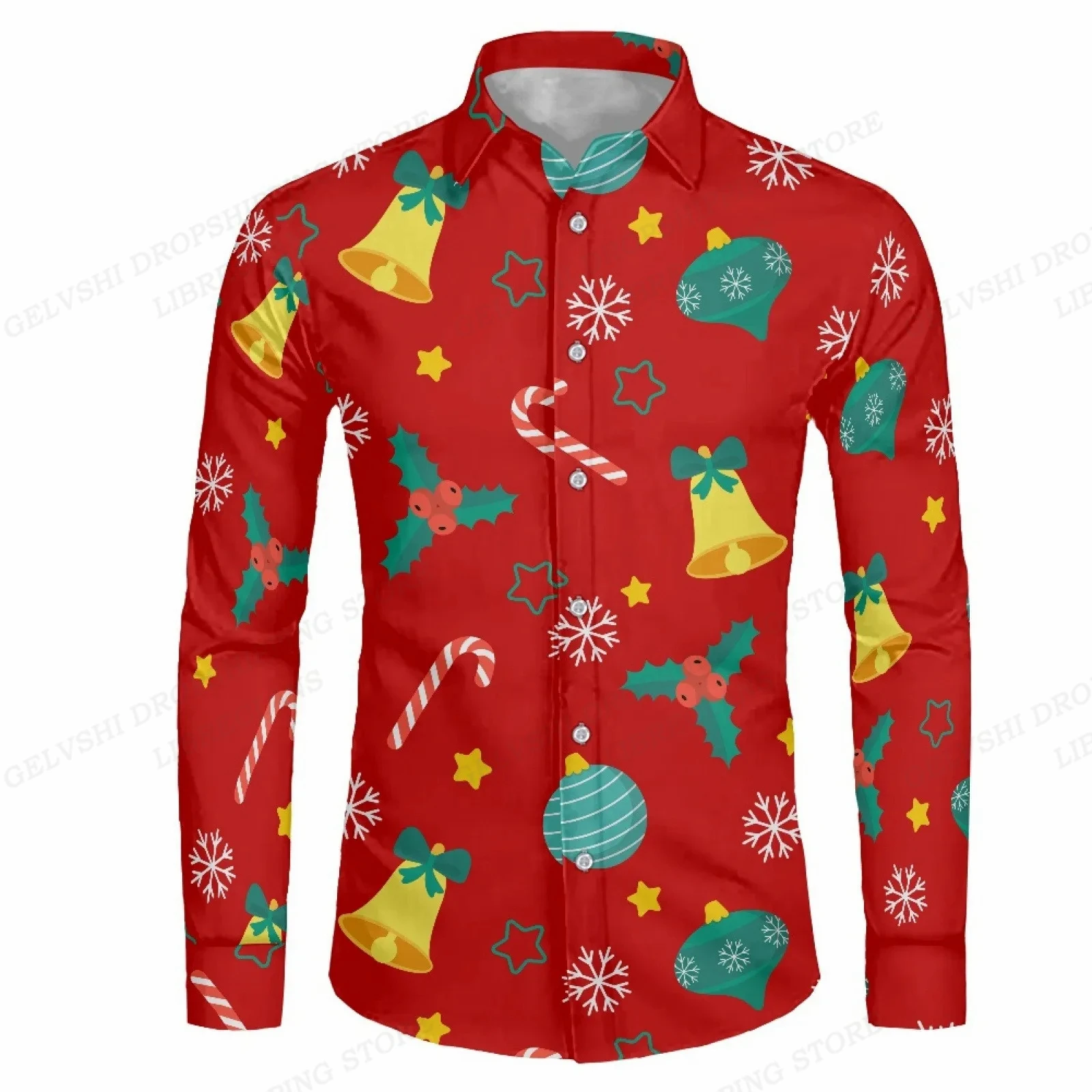 Снежинка Гавайские Красные Рубашки Мужчины Новый Год Мода Рождественская С Длинным Рукавом Рыбалка Пляжная Блузка Однобортная Камизас Пляжная одежда - 2