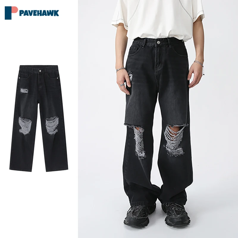 корейские мужчины мешковатые джинсы мода уличный дизайн дыра оверсайз прямые джинсовые брюки женские ретро харадзюку черные широкие брюки - 0