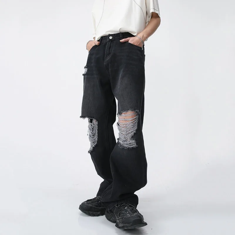 корейские мужчины мешковатые джинсы мода уличный дизайн дыра оверсайз прямые джинсовые брюки женские ретро харадзюку черные широкие брюки - 1