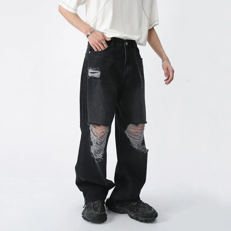 корейские мужчины мешковатые джинсы мода уличный дизайн дыра оверсайз прямые джинсовые брюки женские ретро харадзюку черные широкие брюки - 2