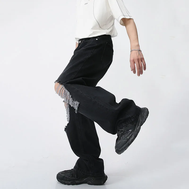 корейские мужчины мешковатые джинсы мода уличный дизайн дыра оверсайз прямые джинсовые брюки женские ретро харадзюку черные широкие брюки - 3