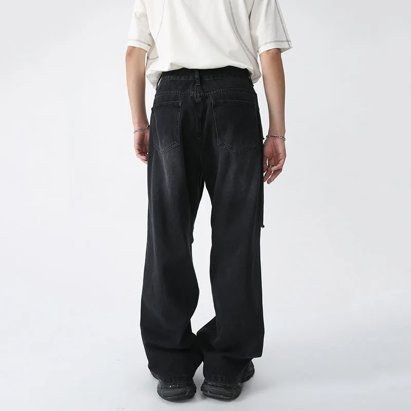 корейские мужчины мешковатые джинсы мода уличный дизайн дыра оверсайз прямые джинсовые брюки женские ретро харадзюку черные широкие брюки - 4