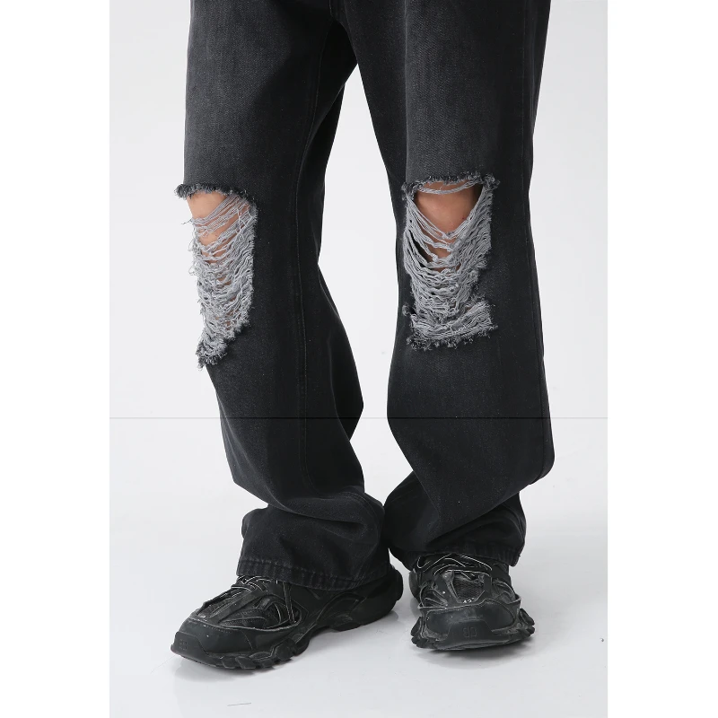 корейские мужчины мешковатые джинсы мода уличный дизайн дыра оверсайз прямые джинсовые брюки женские ретро харадзюку черные широкие брюки - 5