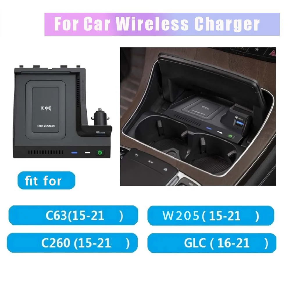 Автомобильное беспроводное зарядное устройство QI Зарядное устройство для телефона Зарядный чехол Pad для Mercedes Benz W205 C Class AMG C43 C63 X253 GLC Class - 2