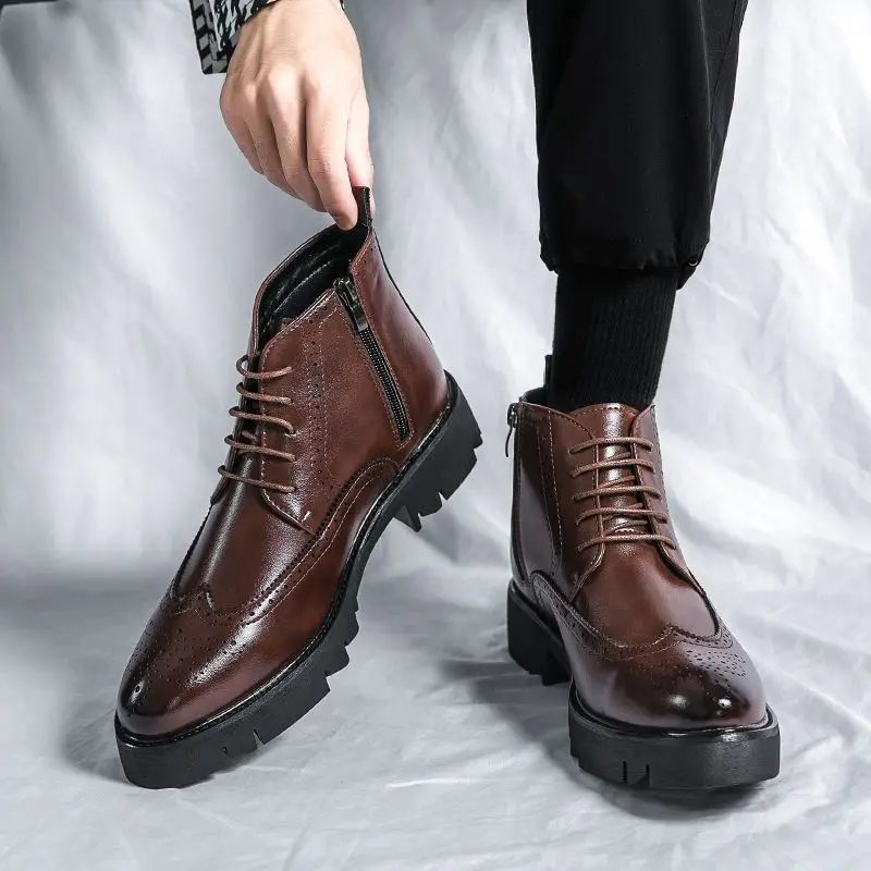 2023 Осень/зима Мужские ботинки челси,Модные ботильоны в британском стиле,Черные броги Кожаная повседневная обувь Brouge Boots B36 - 0
