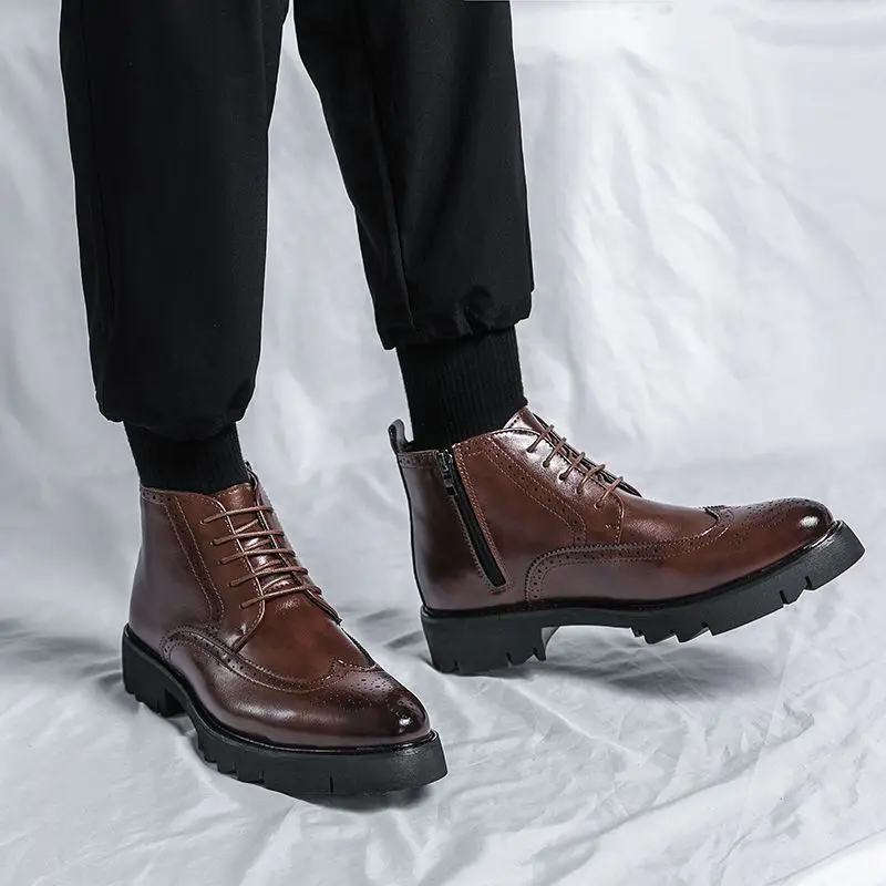 2023 Осень/зима Мужские ботинки челси,Модные ботильоны в британском стиле,Черные броги Кожаная повседневная обувь Brouge Boots B36 - 1