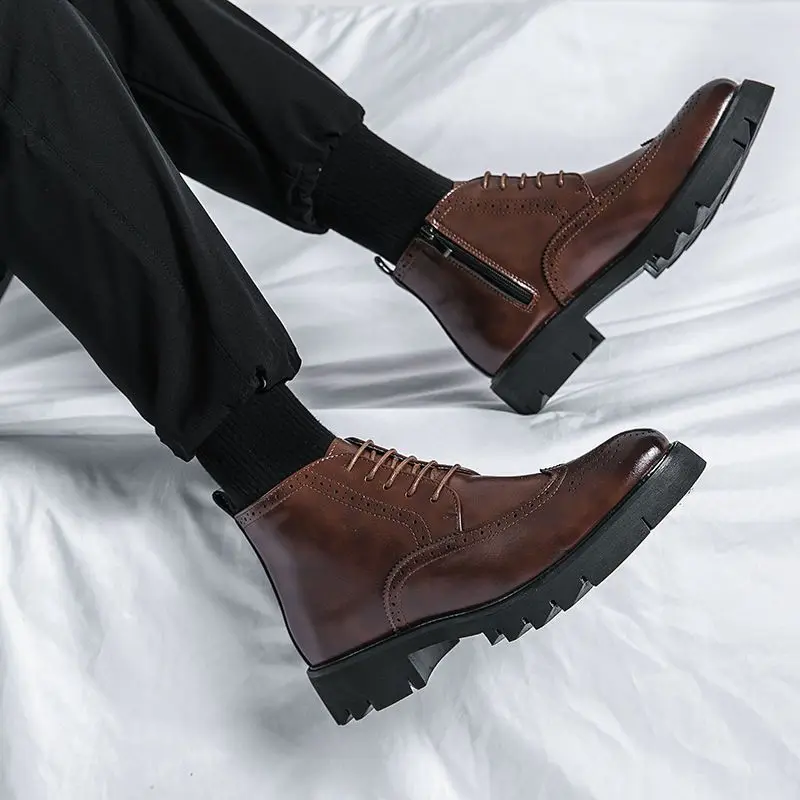 2023 Осень/зима Мужские ботинки челси,Модные ботильоны в британском стиле,Черные броги Кожаная повседневная обувь Brouge Boots B36 - 2
