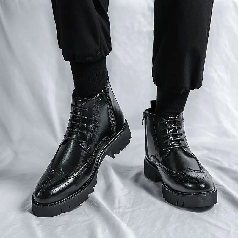 2023 Осень/зима Мужские ботинки челси,Модные ботильоны в британском стиле,Черные броги Кожаная повседневная обувь Brouge Boots B36 - 4