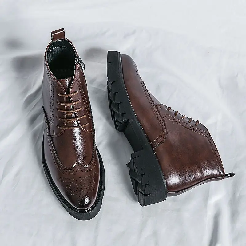 2023 Осень/зима Мужские ботинки челси,Модные ботильоны в британском стиле,Черные броги Кожаная повседневная обувь Brouge Boots B36 - 5
