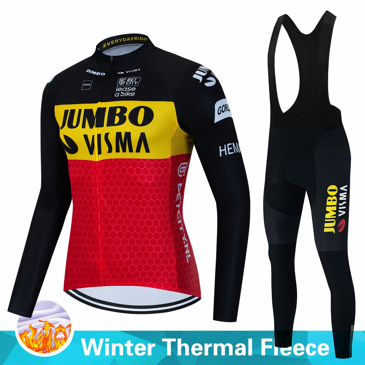 Jumbo Visma 2023 Зимний флис Мужские комплекты с длинным рукавом Велоспорт Комплекты Велосипед MTB Гонки Дорожный Велосипед Одежда Ropa Maillot Ciclismo - 0