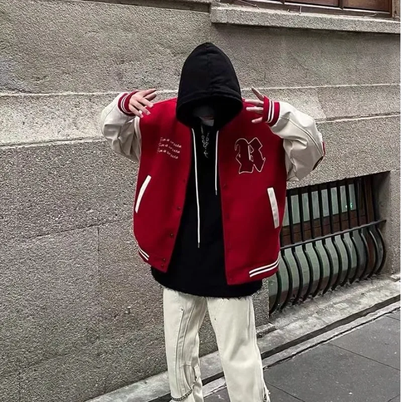 American High Street Хип-хоп Принт Куртка для мужчин Личность Забавный узор Мужская одежда 2024 Ретро Черно-красный Парный Костюм - 2