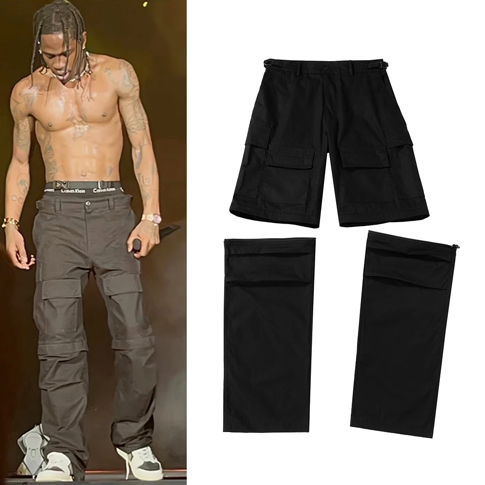  Knee Плиссированные съемные шорты Брюки-карго для мужчин Pantalones Hombre Черный комбинезон Уличная одежда Мешковатые повседневные брюки Y2K - 0