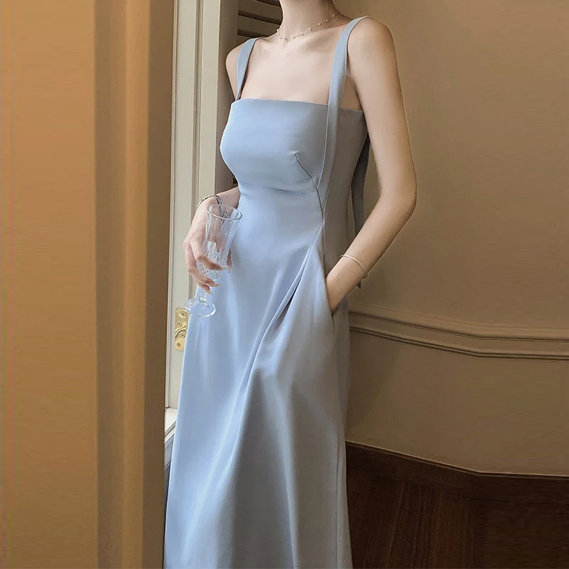 Синее шифоновое платье А-силуэта Весна-лето Модное платье 2023 Корейский стиль Camisole Элегантное однотонное платье для женщин - 0