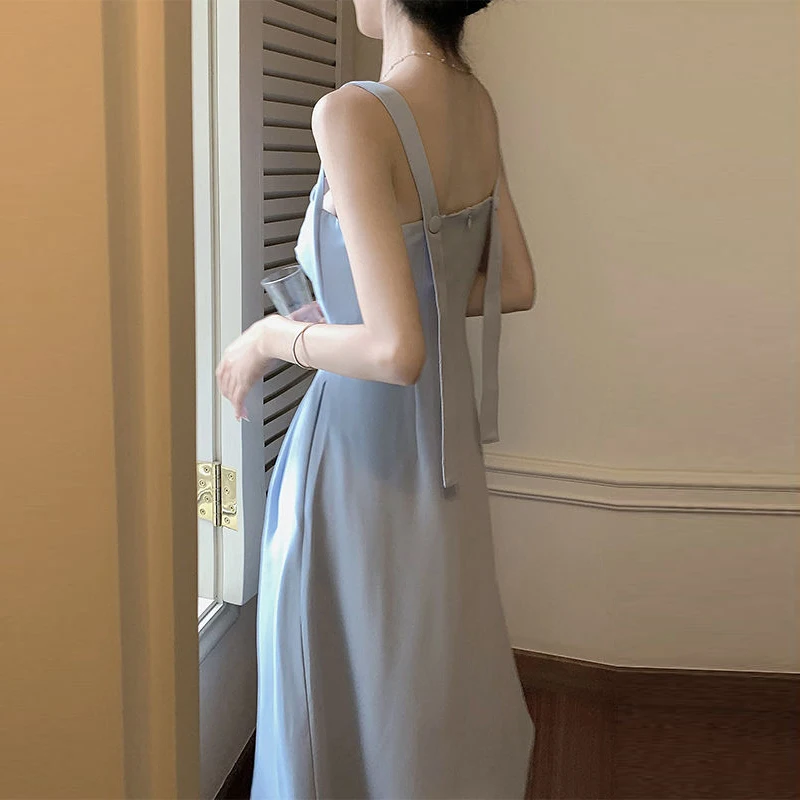 Синее шифоновое платье А-силуэта Весна-лето Модное платье 2023 Корейский стиль Camisole Элегантное однотонное платье для женщин - 1