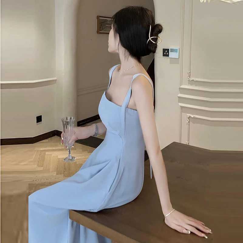 Синее шифоновое платье А-силуэта Весна-лето Модное платье 2023 Корейский стиль Camisole Элегантное однотонное платье для женщин - 3