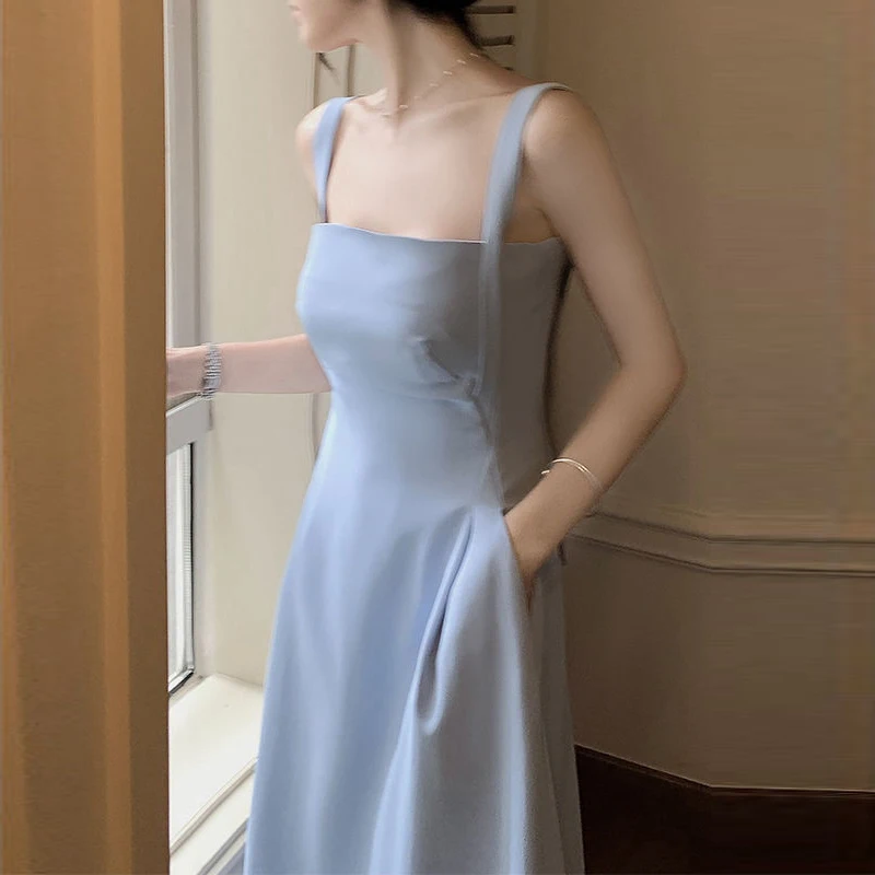Синее шифоновое платье А-силуэта Весна-лето Модное платье 2023 Корейский стиль Camisole Элегантное однотонное платье для женщин - 4