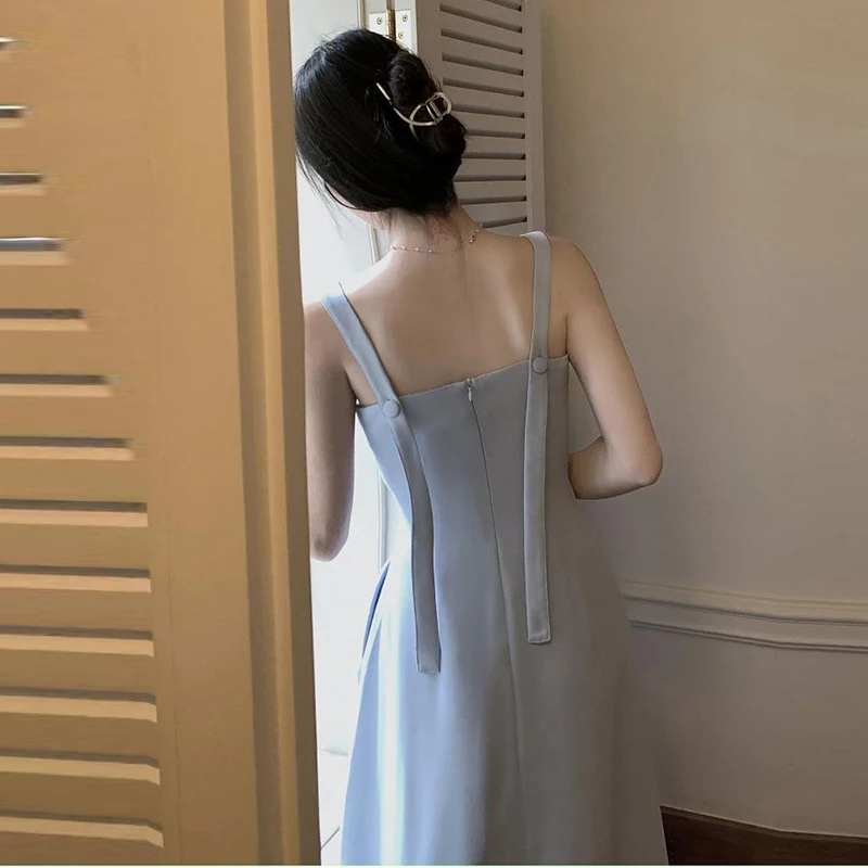 Синее шифоновое платье А-силуэта Весна-лето Модное платье 2023 Корейский стиль Camisole Элегантное однотонное платье для женщин - 5