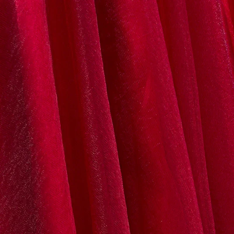 Вечернее платье Новое вино Красный тюль Аппликации О-образный вырез Короткие рукава А-силуэт Длина чая Плюс размер Индивидуальные женские вечерние платья - 4
