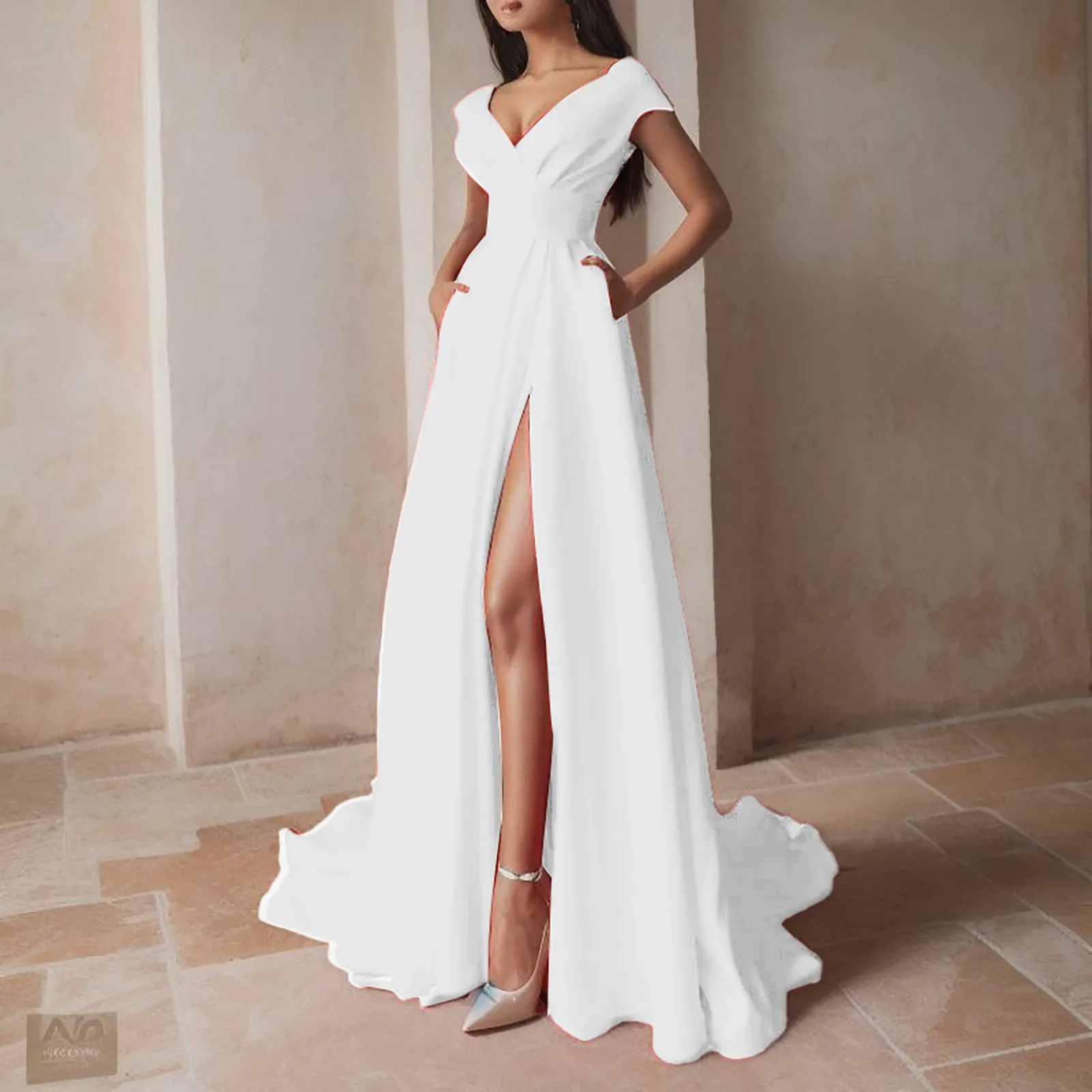 Свадебное элегантное сексуальное платье для вечеринок с V-образным вырезом с открытой спиной Белое сексуальное платье с высокой талией и боковым разделенным платьем до пола для банкета Infinity Robe - 1