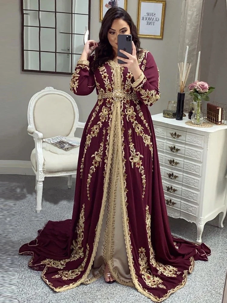 Бордовый Марокканский кафтан Кафтан Мусульманские вечерние платья А-силуэт с длинными рукавами Аппликации Дубай Арабский Турция Абая Исламское платье - 0