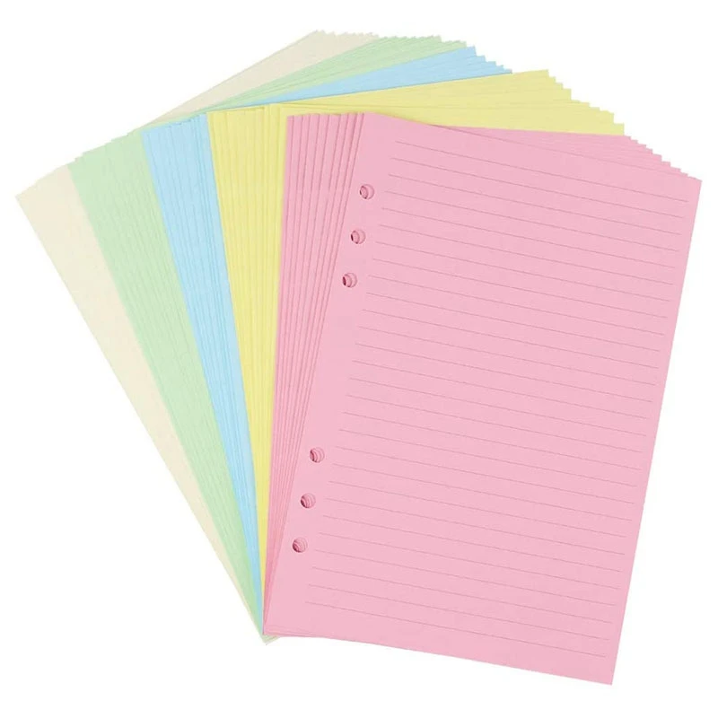 A5 Красочные перфорированные линейчатые вкладыши с 6 отверстиями для органайзера Скоросшиватель, 5-цветная бумага для заполнения планировщика отдельных листов, 50 листов - 0