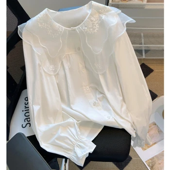 2023 Весна Новый Двухслойный Вышитый Воротник Женщины Шикарная Белая Рубашка Blusas Mujer De Moda 2023 Verano