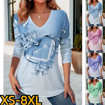 2023 Зима Женщины V-образным вырезом с длинным рукавом Свободный размер Пуловер Осень Daily Street Новый дизайн Принт Топ Модная футболка XS-8XL