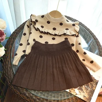 2023 Осенний набор для девочек для малышей в корейском стиле Милая трикотажная юбка в горошек Зимняя маленькая девочка Повседневная одежда