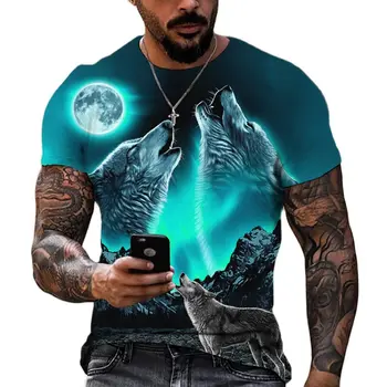 2023 Футболка с волком для мужчин с животным принтом с коротким рукавом Топ 3D Повседневная футболка уличного человека Футболка оверсайз Мужская винтажная одежда