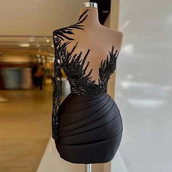 2023 Черные сексуальные атласные коктейльные платья с высоким воротником на одно плечо роскошное вечернее платье плиссе с длинными рукавами мини-футляр выпускные платья