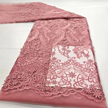 2024 Розовая французская кружевная ткань с пайетками 3D цветок Новый вышитый тюль Кружевная ткань Африканская сетчатая кружевная ткань для вечернего платья