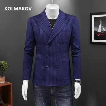 2024 новое поступление двубортный пиджак в полоску высококачественные умные костюмы мужские, мужские повседневные блейзеры, мужская куртка размер S-5XL