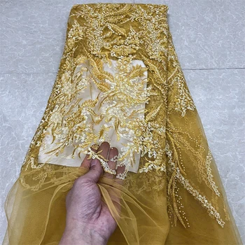 2024Высокое качество Африканская нигерийская кружевная ткань Вышивка Тюль Чистое свадебное платье Гипюровые пайеткиДля шитья Бисером 5 ярдов