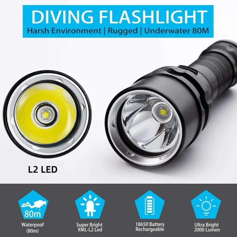 Супер яркий фонарик для дайвинга IPX8 Водонепроницаемый профессиональный фонарик для подводного плавания с питанием от батареи 18650 с ручным тросом - 3
