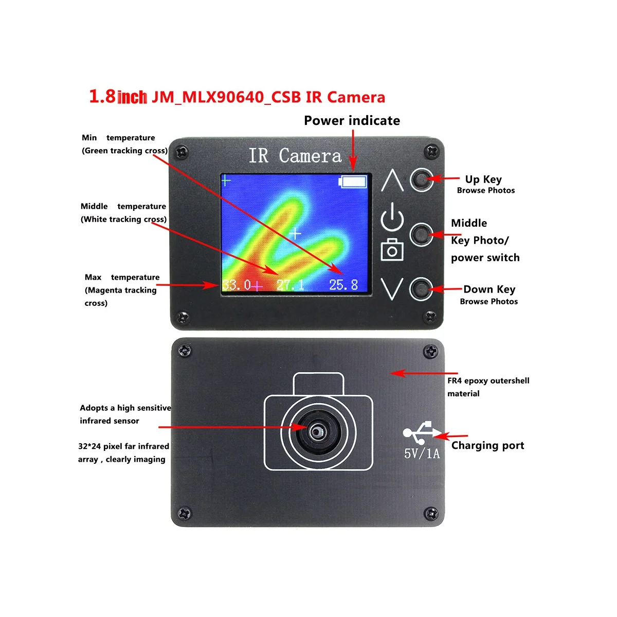 MLX90640 Тепловизор 1,8-дюймовый ЖК-дисплей Цифровой инфракрасный тепловизор DIY Тепловизор Инструмент для определения температуры - 2