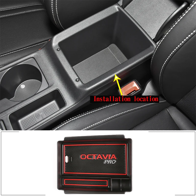 Для Skoda Octavia PRO 21-23 ABS Black Car Center Консоль Подлокотник Ящик для хранения Органайзер Ящик для хранения мобильного телефона Автомобильные аксессуары - 0