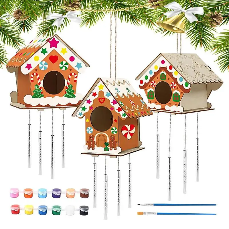 незаконченный деревянный птичий домик рождественский набор для домашнего декора с 12 красками 2 кисти 2 шпагата 3 поделки из древесной щепы - 0