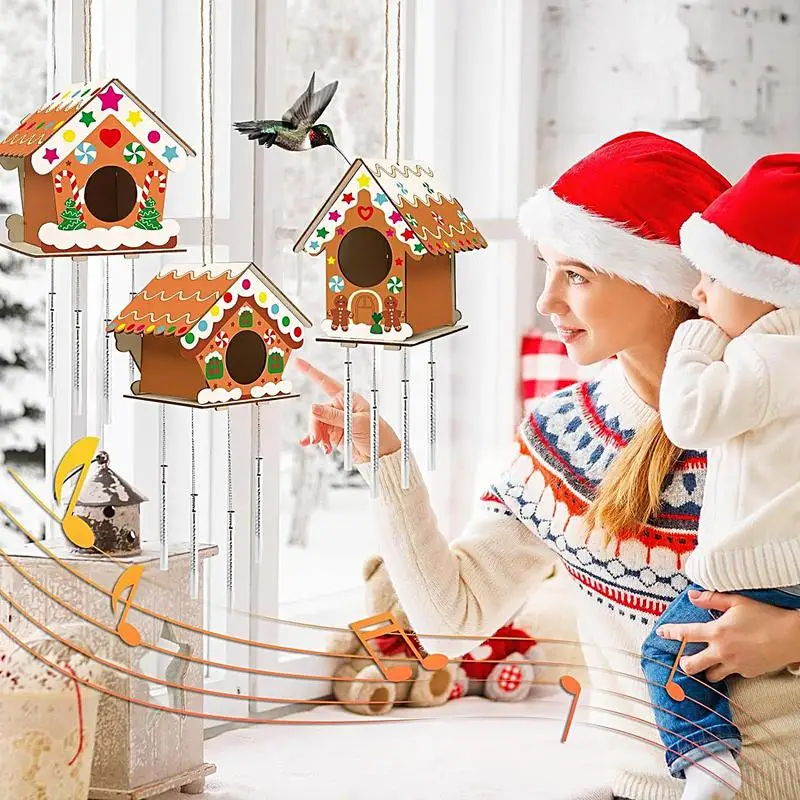 незаконченный деревянный птичий домик рождественский набор для домашнего декора с 12 красками 2 кисти 2 шпагата 3 поделки из древесной щепы - 2