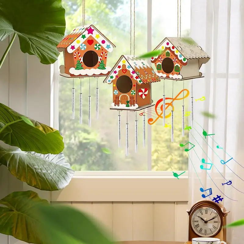 незаконченный деревянный птичий домик рождественский набор для домашнего декора с 12 красками 2 кисти 2 шпагата 3 поделки из древесной щепы - 4