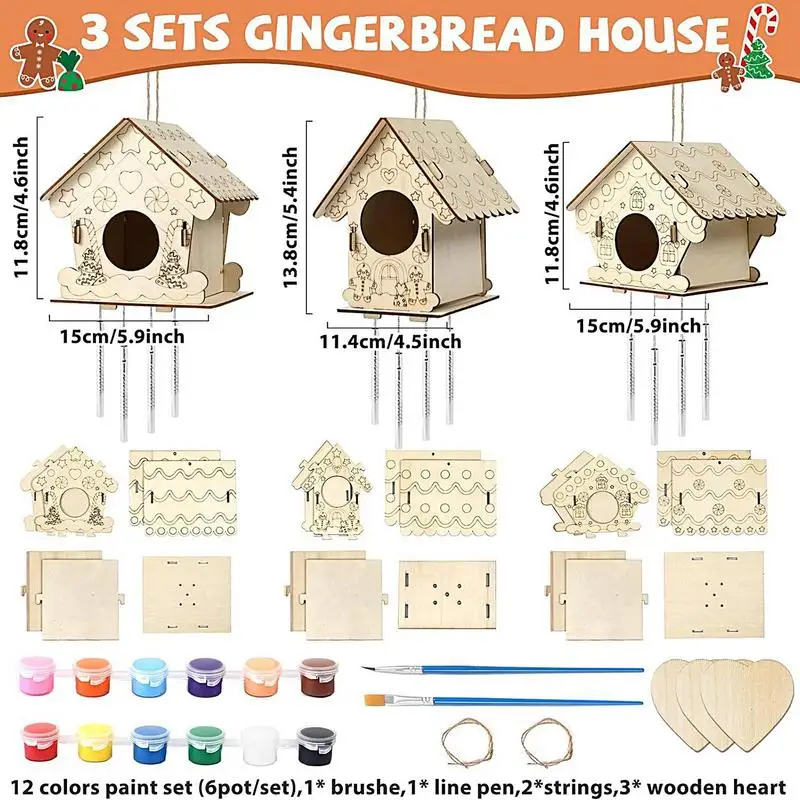 незаконченный деревянный птичий домик рождественский набор для домашнего декора с 12 красками 2 кисти 2 шпагата 3 поделки из древесной щепы - 5